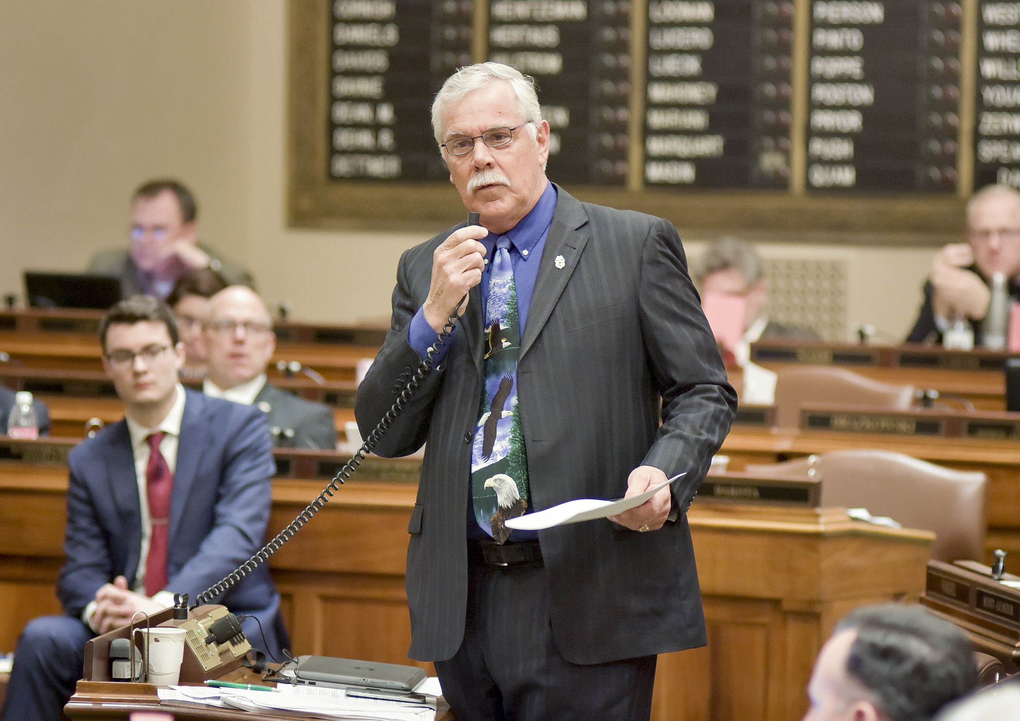 Rep. Tony Cornish speaks to the omnibus public safety bill, which he sponsors, on the House floor April 3. Photo by Andrew VonBank